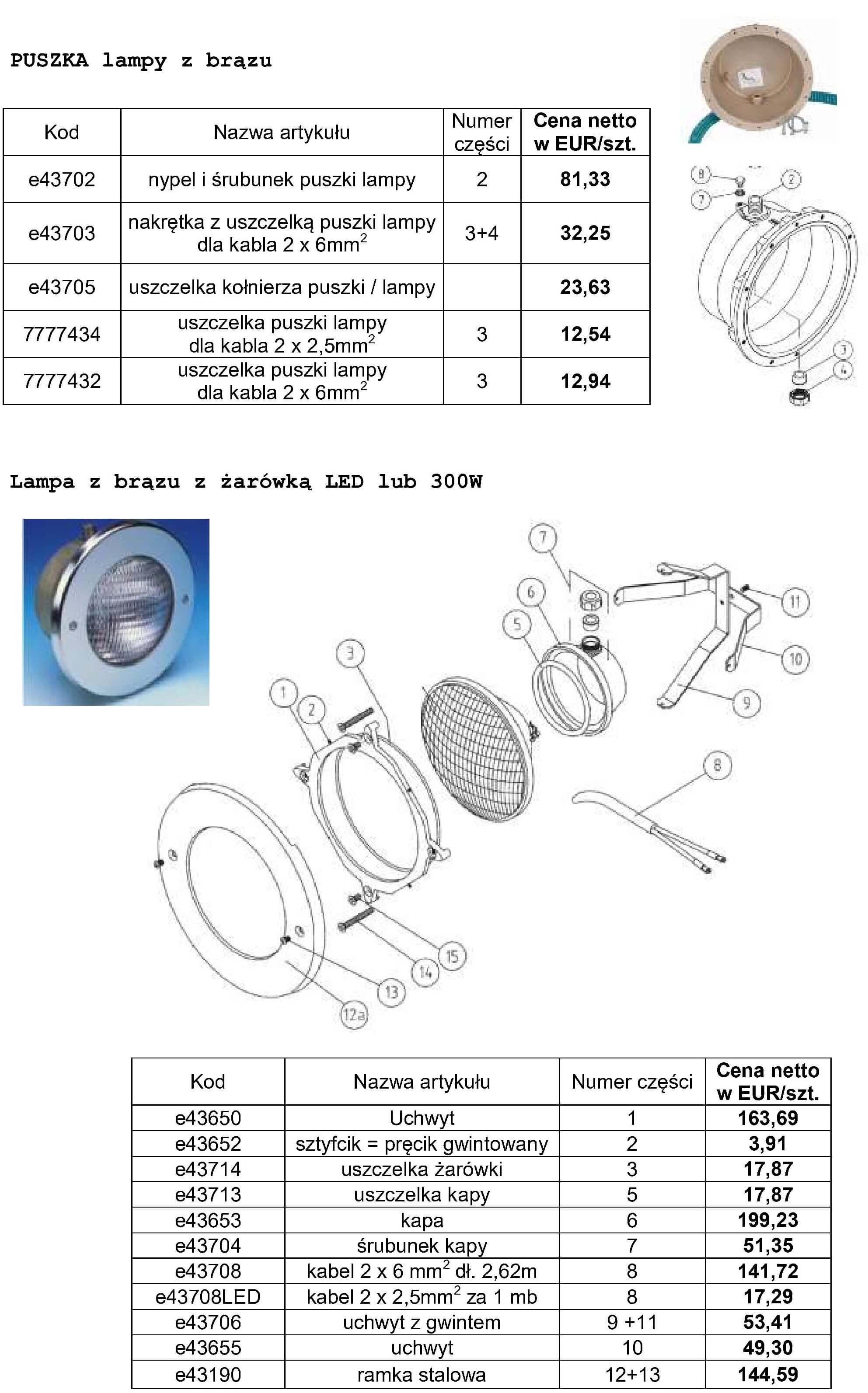Części do lampy basenowej z brązu z wkładami 300W lub LED